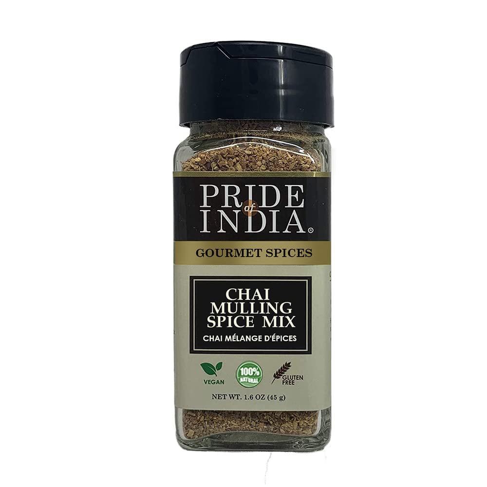 Pride of India – Chai Masala Mulling Spice Mix – Gourmet Spice Mix for Teas & Coffee – Caffeine Free – Authentic Mulling Spice Blend – 1.6 oz. Small Dual Sifter Bottle
