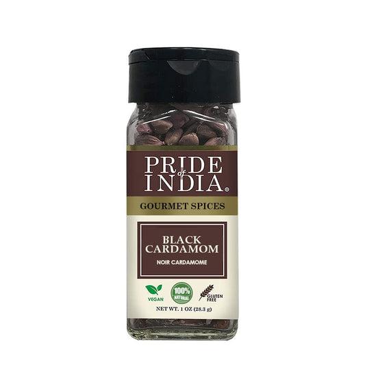 Pride of India – Black Cardamom Whole – Cardamom Pods – Firm & Smoky Flavor – Freshly Dried – Ideal for Indian & Asian Cooking – Easy to Use – 1 oz. Small Dual Sifter Bottle