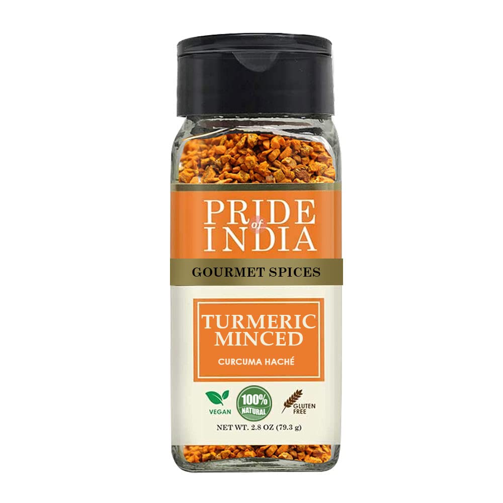 Pride Of India- Gourmet Turmeric Minced Whole- 2.8 oz (79.3gm) Small Dual Sifter Jar- An Exquisite Spice, known for its Beautiful Golden Color and Ayurvedic Properties- GMO Free Vegan