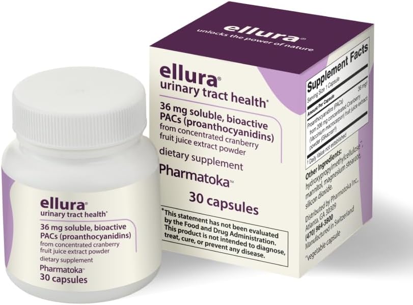 ellura 36mg Clinically Proven Soluble, Bioactive PACs – 100% Concentrated Cranberry Fruit Juice Extract, for UTI Support & Urinary Tract Health, 30 Capsules.