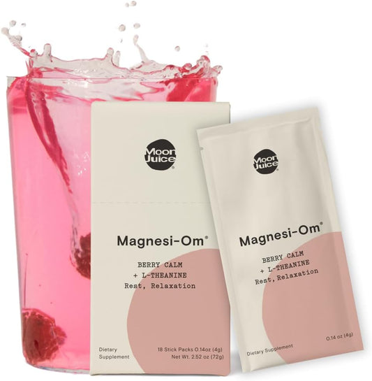 Moon Juice - Magnesi-Om, Berry - Sticks (18 Servings) - Support Brain Health & Rest - Magnesium Powder - L-Theanine - Regularity - Compostable - 100% Traceable - Vegan & Non GMO - 0.14oz