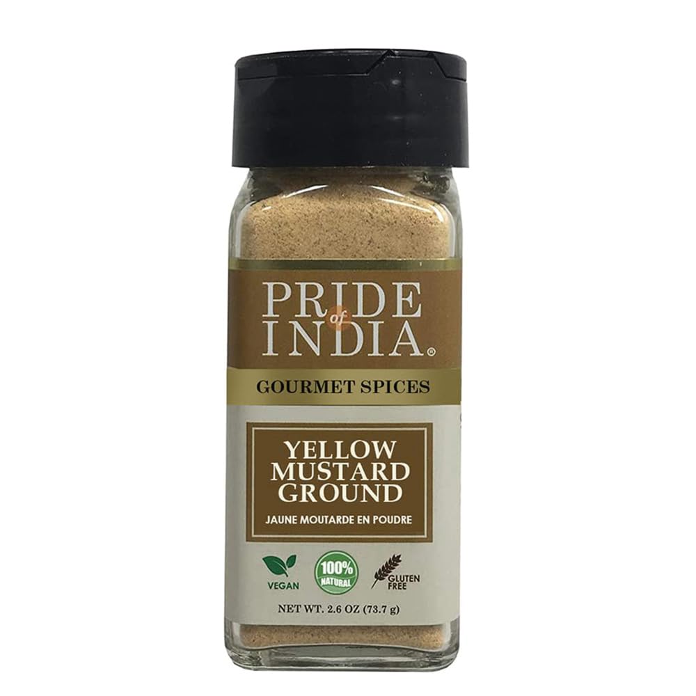 Pride of India Yellow Mustard Ground | Gourmet Spice Powder for Pickles, Sauces, Hotdogs & Dressings | Fine Mustard Powder | Preservative-Free | Easy to Use Small Dual Sifter Jar 2.6 oz