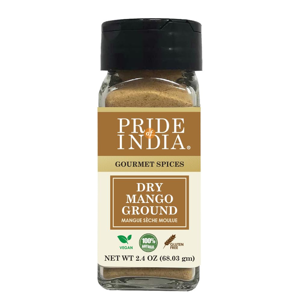 Pride of India | Dry Mango Powder 2.2 oz (62.36 gm) Small Dual Sifter Bottle | Amchur for Flavor and Taste | Gourmet Indian Spice | No Fillers or Artificial Colorants | Easy to Use
