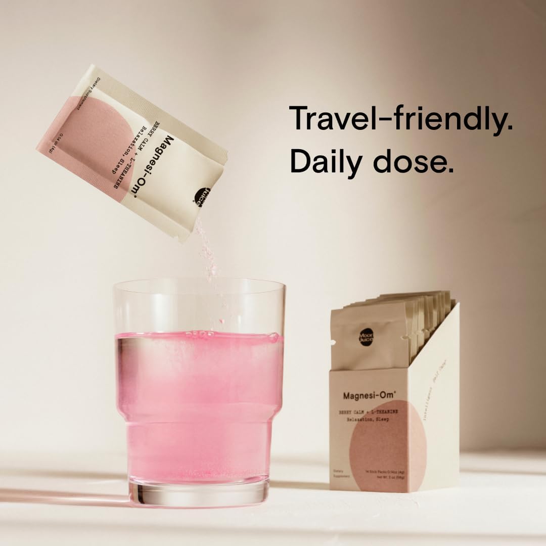 Moon Juice - Magnesi-Om, Berry - Sticks (18 Servings) - Support Brain Health & Rest - Magnesium Powder - L-Theanine - Regularity - Compostable - 100% Traceable - Vegan & Non GMO - 0.14oz