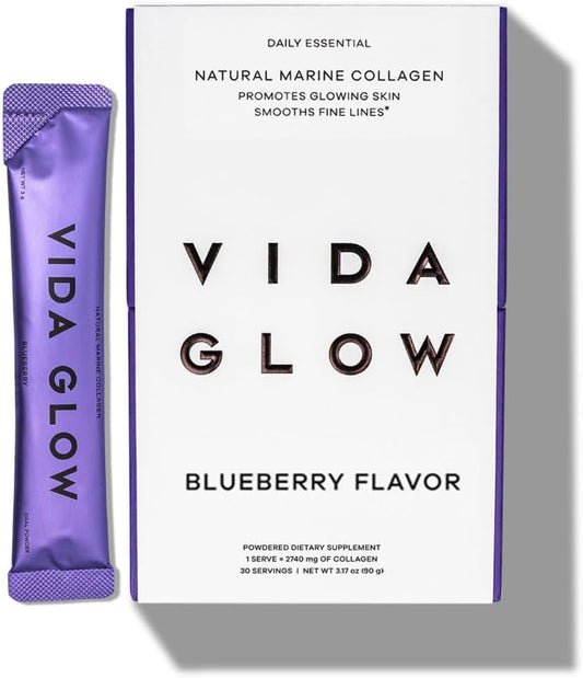 Vida Glow Marine Collagen Powder - Anti Aging Supplement with Collagen Peptides, Promotes Glowing Skin, Strong Nails, Healthy Hair | 30 Servings, Original Flavor (One Size, Blueberry)