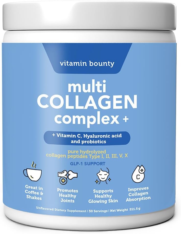 Vitamin Bounty Multi Collagen Complex Plus Powder - 5 Types of Hydrolyzed Collagen Peptides for Women & Men Skin, Hair, Joints & Gut Health w/Vitamin C, Hyaluronic Acid & Probiotics | 50 Servings