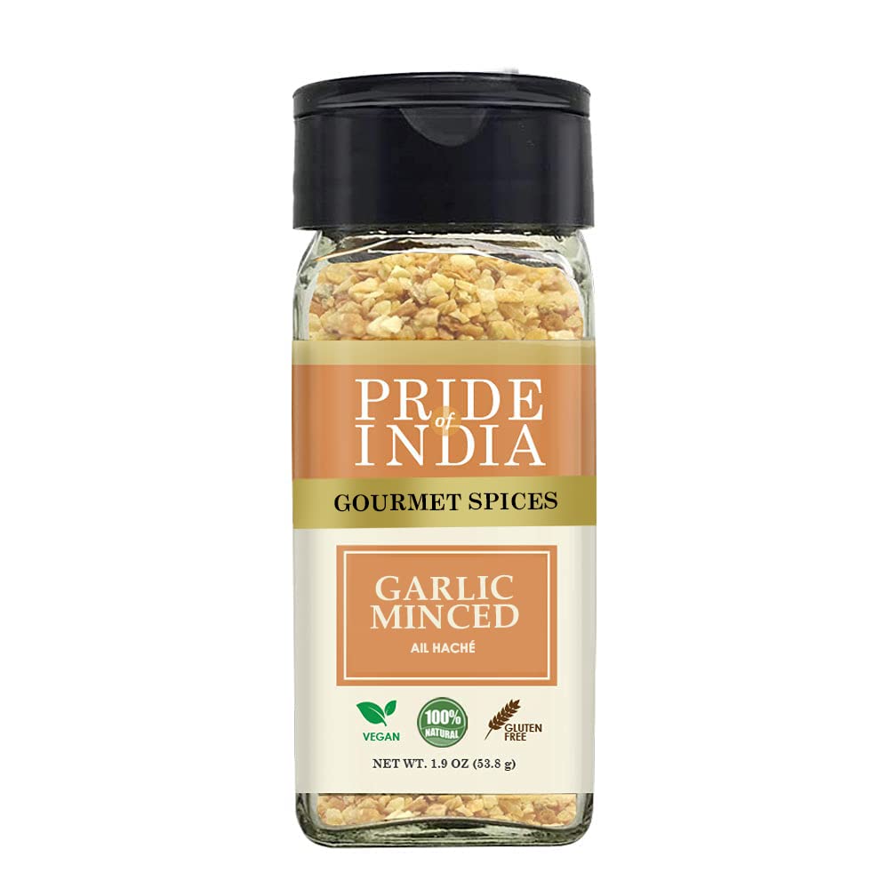 Pride of India – Garlic Minced – Gourmet Seasoning – Ideal for Dips/Sauces/Bread/Salad/Stir-Fries – Ideal Pantry Condiments – Easy to Use – 1.9 oz. Small Dual Sifter Bottle