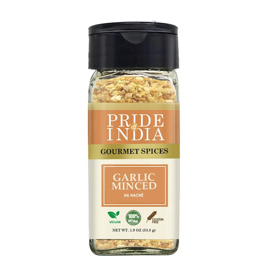 Pride of India – Garlic Minced – Gourmet Seasoning – Ideal for Dips/Sauces/Bread/Salad/Stir-Fries – Ideal Pantry Condiments – Easy to Use – 1.9 oz. Small Dual Sifter Bottle