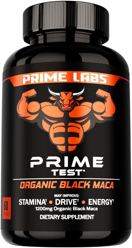 Prime Labs Organic Black Maca Root Capsules 1,200mg - Stamina, Drive, Energy, Vitality - Peruvian 20:1 Extract - for Men & Women - 60 Count