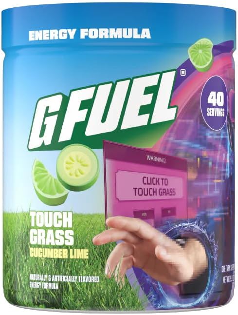 G Fuel Touch Grass Energy Drink Powder, Pre Workout Caffeine Mix for Gaming, Sugar Free Focus Amino, Vitamin + Antioxidants, 9.8oz (Cucumber Lime, 40 Servings)