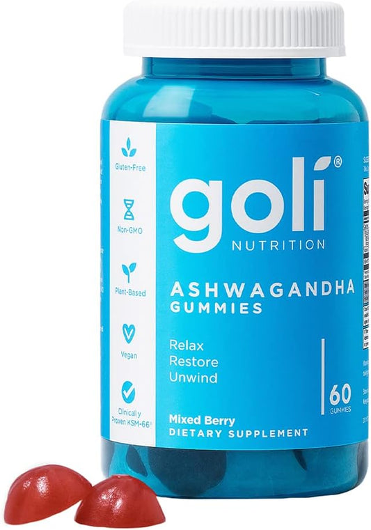 Goli Ashwagandha & Vitamin D Gummy - 60 Count - Mixed Berry, KSM-66, Vegan, Plant Based, Non-GMO, Gluten-Free & Gelatin Free Relax. Restore. Unwind, Pack of 1