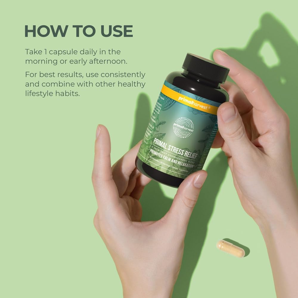 Primal Harvest Stress Relief Supplement for Women and Men Pure Ashwagandha Root Extract, L-Theanine Supplements, 30 Capsules