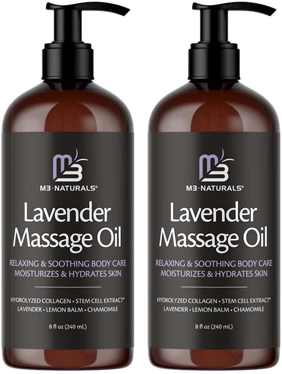 Lavender Massage Oil with Collagen and Stem Cells - Skin Firming Therapy Oil for Cellulite and Quick Absorption on Bum, Thighs, and Belly, 8 fl oz (Pack of 2) by M3