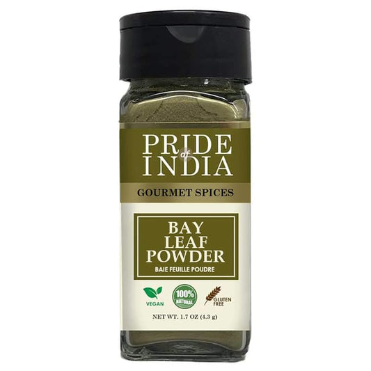 Pride of India – Bay Leaf Powder – Fresh & Authentic Bay Leaf Ground – Gourmet Spice – Good for Seasoning Stews/Soups/Tea – Easy to Use – 1.7 oz. Small Dual Sifter Jar