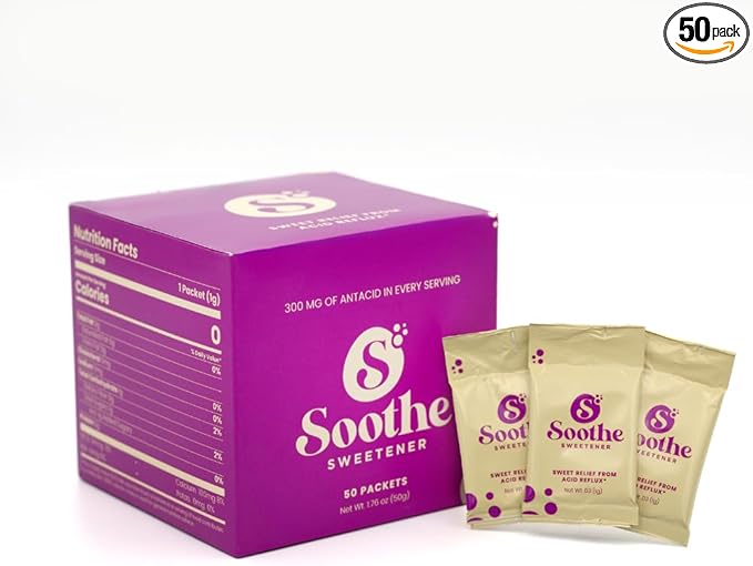 Sweet Relief Soothe Natural Antacids for Acid Reflux - Calcium Carbonate Heartburn Relief, Zero Calorie Sweetener, Beverage Enhancer (50 Count)