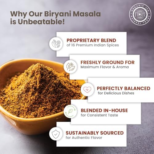 Pride of India – Indian Biryani Masala Seasoning Spice - 2.40 oz. Small Dual Sifter Bottle – Gourmet Spice Blend - Ideal for layered vegetable and meat pilaf – Suitable for Vegetarians & Vegans
