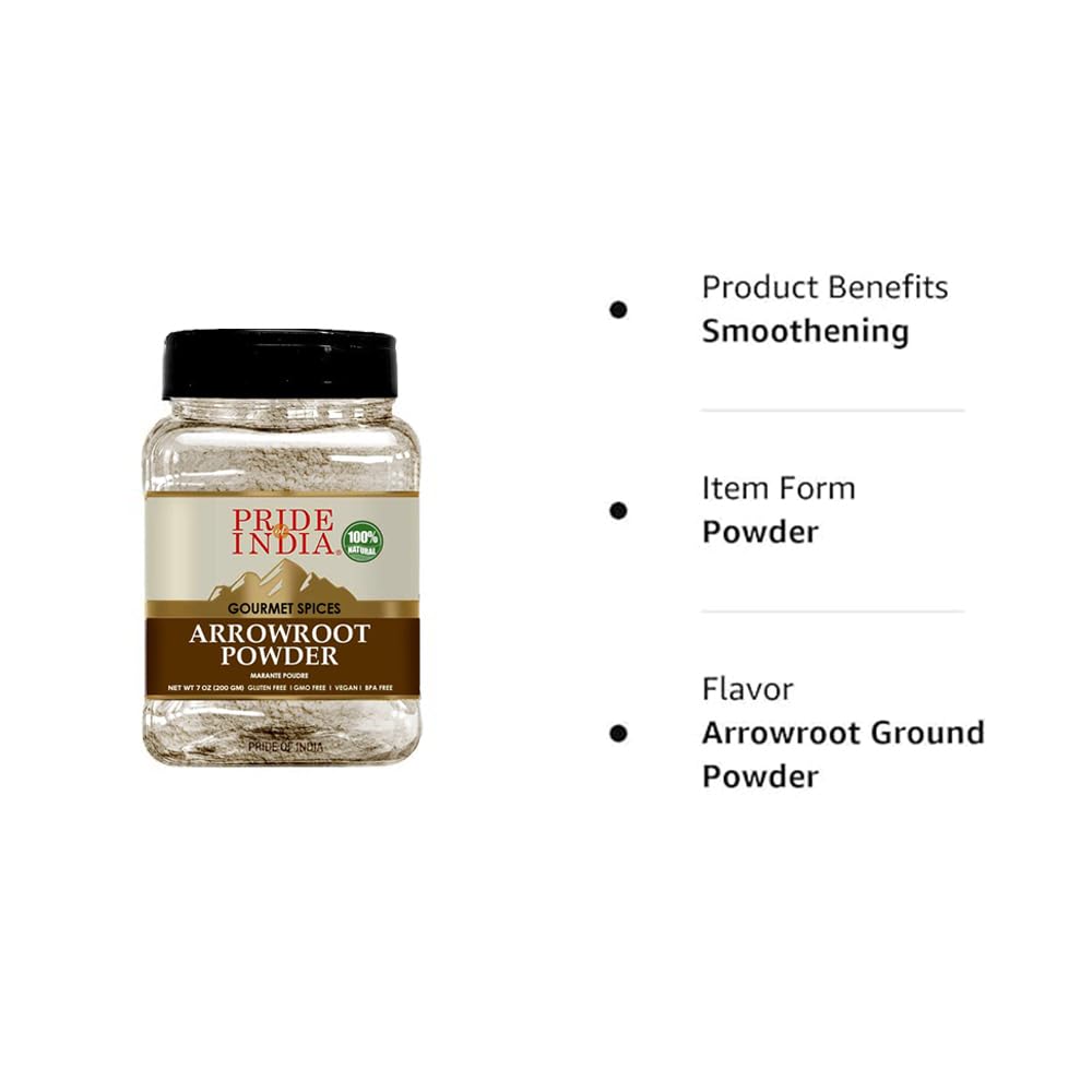 Pride of India – Natural Arrowroot Ground Powder – Baking & Thickening Agent – Gluten & GMO Free – Good for Sauces, Fritters & Fries – Easy to Use – 7 oz. Medium Dual Sifter Jar