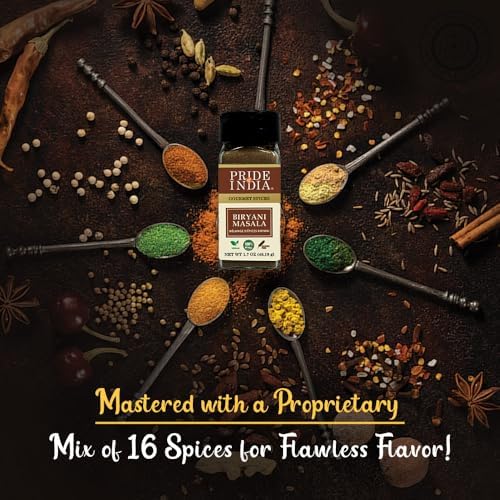 Pride of India – Indian Biryani Masala Seasoning Spice - 2.40 oz. Small Dual Sifter Bottle – Gourmet Spice Blend - Ideal for layered vegetable and meat pilaf – Suitable for Vegetarians & Vegans