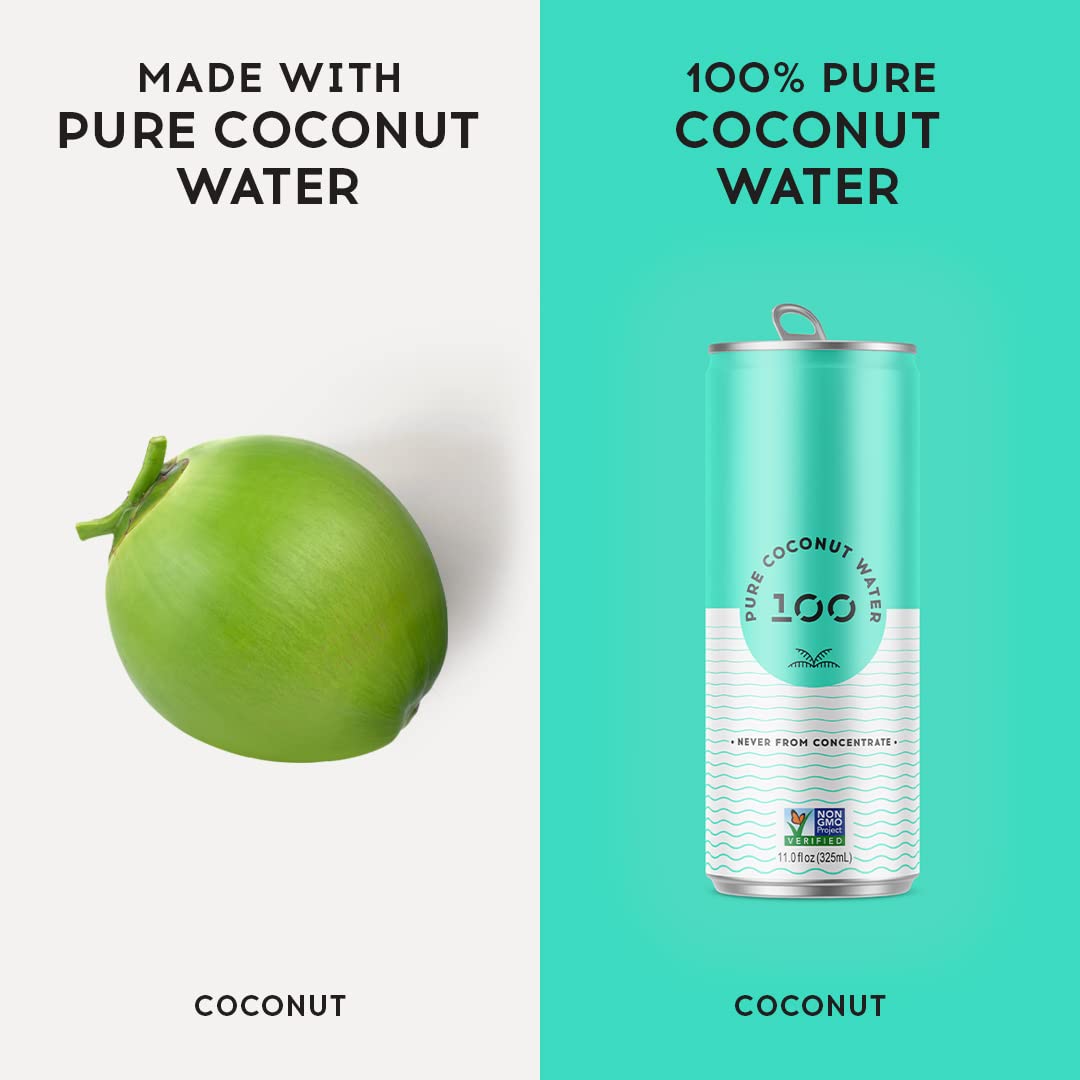 100 Coconuts - 100% Pure Coconut Water - Low Calorie All-Natural Drink with Electrolytes - Naturally Sweet, no preservatives - Non-GMO, 11 fl oz, Pack of 12 (Pure Coconut Water)