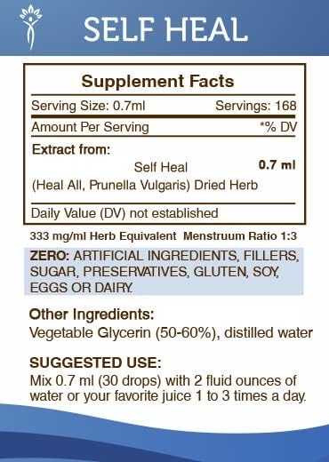 Secrets of the Tribe Self Heal Alcohol-Free Liquid Extract, Self Heal (Heal All, Prunella Vulgaris) Dried Herb Tincture Supplement (4 FL OZ)