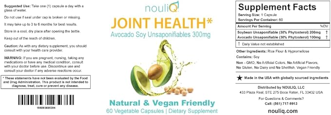 Natural & Vegan-Friendly Joint Health Supplement, Avocado Soy Unsaponifiables 300mg, Non-GMO, Free of Any Gluten, Artificial Colors or Flavors, Dairy and Shellfish, 60 Day Supply.