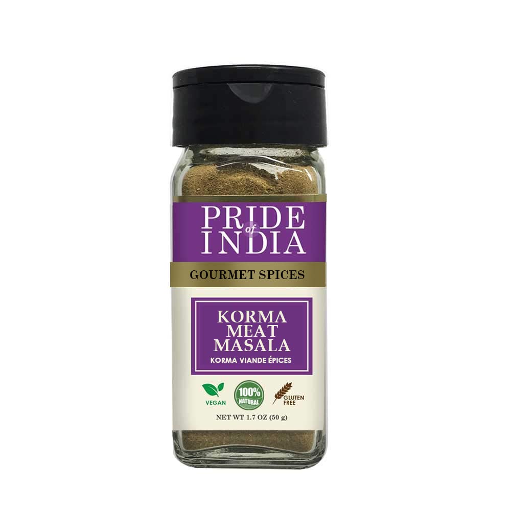 Pride of India Korma Masala for Meat & Lamb | Traditional Indian Curry Powder – Flavorful Garam Masala Blend | Authentic Tikka Masala Style Indian Spices | Easy to Use | 1.7 oz. Small Dual Sifter Bottle