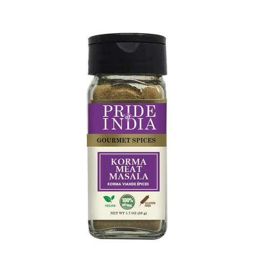 Pride of India Korma Masala for Meat & Lamb | Traditional Indian Curry Powder – Flavorful Garam Masala Blend | Authentic Tikka Masala Style Indian Spices | Easy to Use | 1.7 oz. Small Dual Sifter Bottle