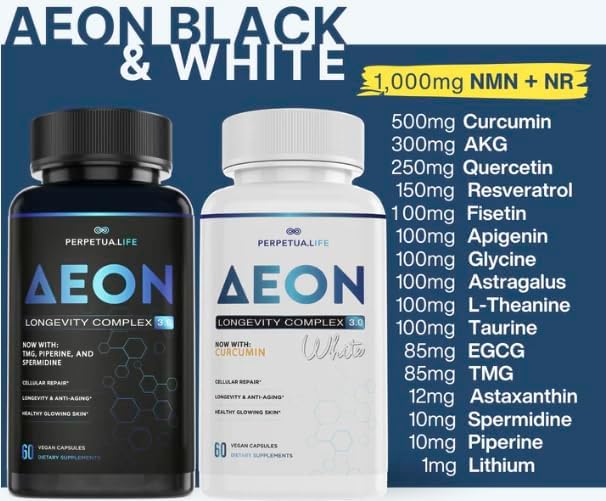 AEON Black & White Longevity Complex Bundle with NAD+, Curcumin, Resveratrol, Astaxanthin, Fisetin, Quercetin, AKG, Apigenin, Glycine, Anti-Aging Supplement, Vegan, 1-Month Supply
