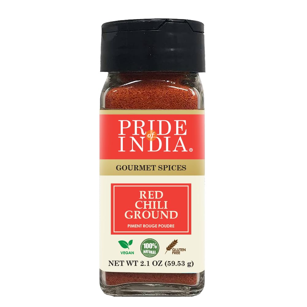 Pride of India | Red Chili Ground 2.1 oz (59 gm) Small Dual Sifter Jar | Traditional Indian Spice | Ideal for Gourmet & Savory Dishes Dishes | Non-Bioengineered, Gluten Free | Easy to Use