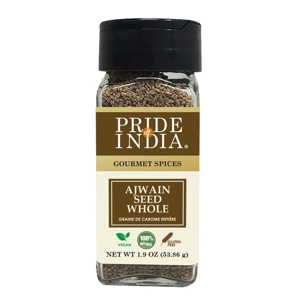 Pride of India – Ajwain Seed Whole – Gourmet Carom Seeds – Flavoring agent for Savory Dishes – Aromatic & Nutrient-Dense – Easy to Use – 2.1 oz. Dual Sifter Bottle