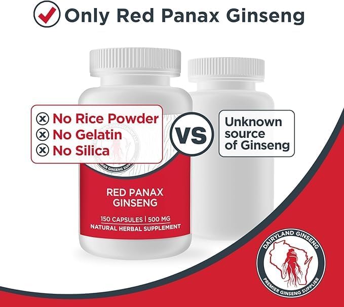 100% Authentic Korean Red Panax Ginseng Capsules -500 mg. Potent Ground Ginseng Root Extract Powder - No Fillers, Binders or Other Additives. (150 ct)