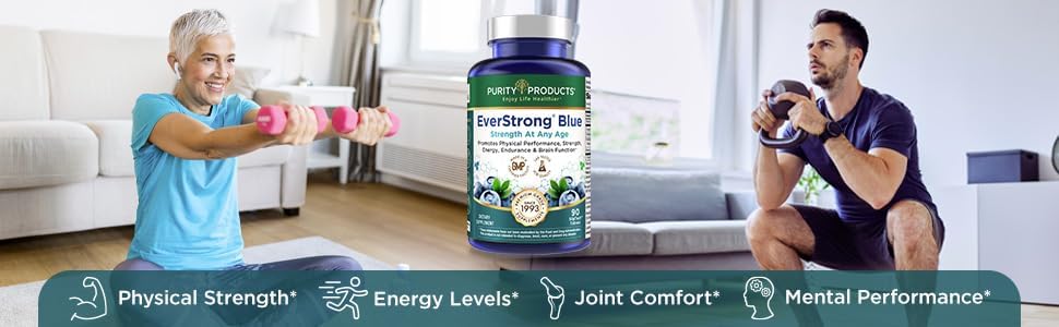 Purity Products EverStrong Blue Strength Building + Brain Boosting w/Muscle Matrix Blend ft. Creatine Monohydrate + More, PurityBlue Organic Blueberry Complex, 1000 IU Vitamin D3-90 Tablets