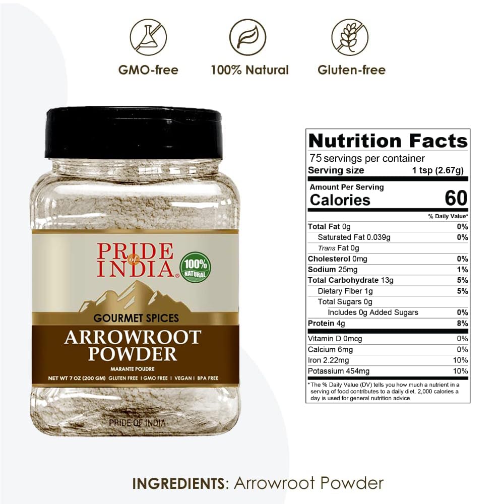 Pride of India – Natural Arrowroot Ground Powder – Baking & Thickening Agent – Gluten & GMO Free – Good for Sauces, Fritters & Fries – Easy to Use – 7 oz. Medium Dual Sifter Jar
