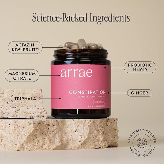 Arrae Constipation Relief Capsules – Gentle, Natural Bowel Support – Clinically Proven for Regularity & Comfort – Non-Stimulant, Overnight Relief – 45 Capsules