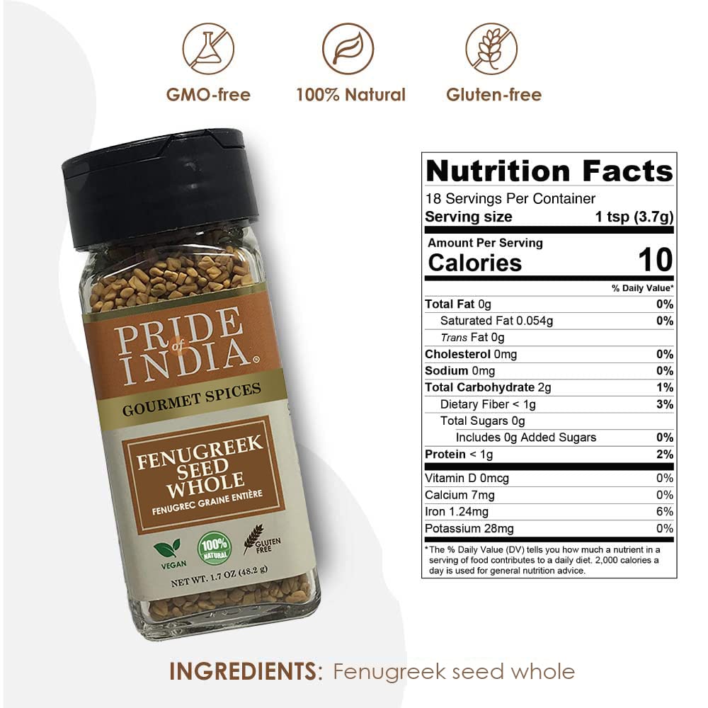 Pride of India – Fenugreek Seed Whole – Whole & Gourmet Indian Spice – Ideal Seasoning for Cooking – Free of Preservatives – Easy to Use – 1.7oz. Small Dual Sifter Jar