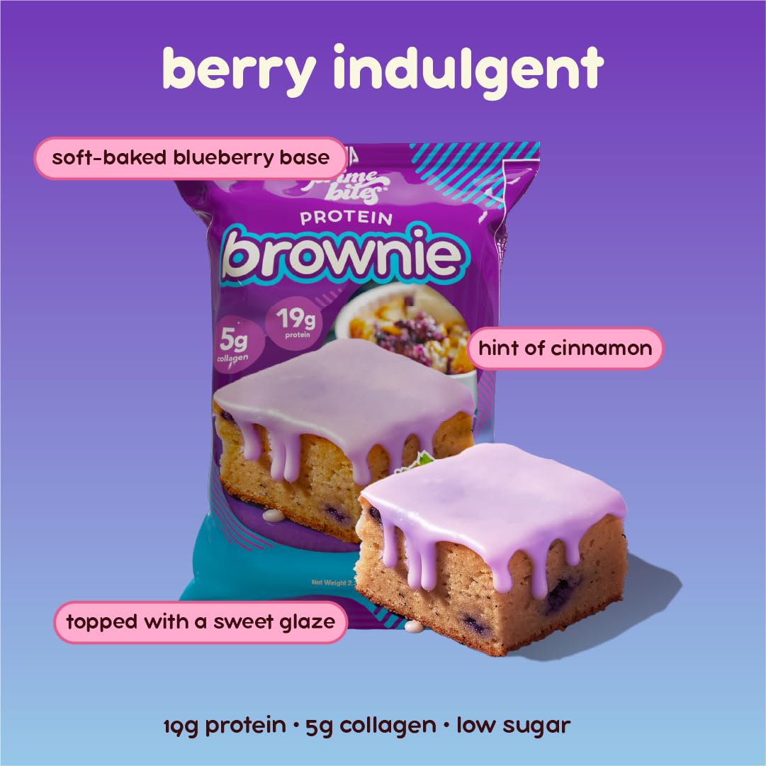 Prime Bites Protein Brownie from Alpha Prime Supplements | High Protein, Collagen Fortified Low Sugar Treat | Delicious Snack | 12 Bars per Box (Blueberry Cobbler)