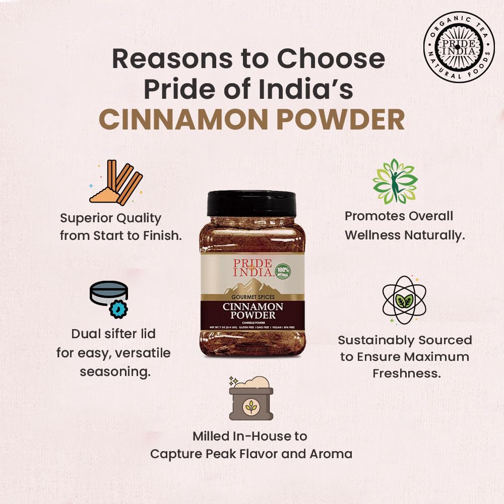 Pride Of India - PACK of 6 - Natural Cinnamon Ground – Pure & Fresh – Gourmet Spice – Perfect for Sweet & Savory Dishes – Easy to Use – Good for Restaurant Use - 7 oz. Medium Dual Sifter Bottle