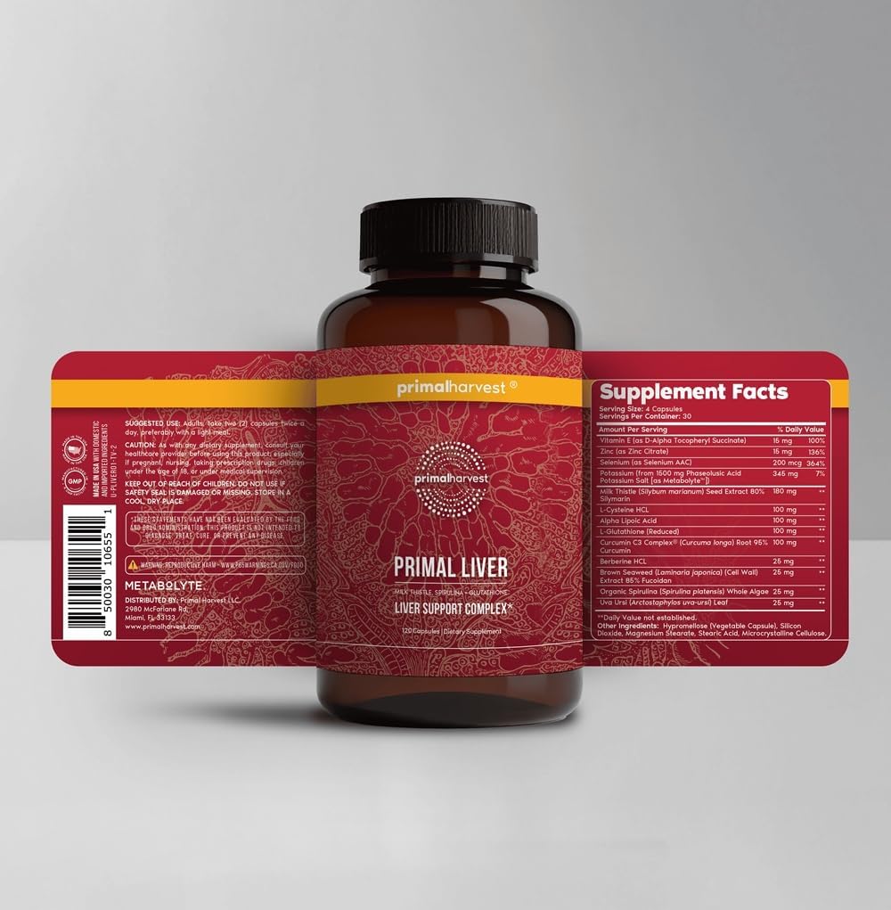Primal Harvest Primal Liver 2 Pack, Liver Supplement with, Alpha-Lipoic Acid, L-Cysteine HCL, L-Glutathione, Milk Thistle, and Spirulina, for Men and Women, 240 Capsules (2)