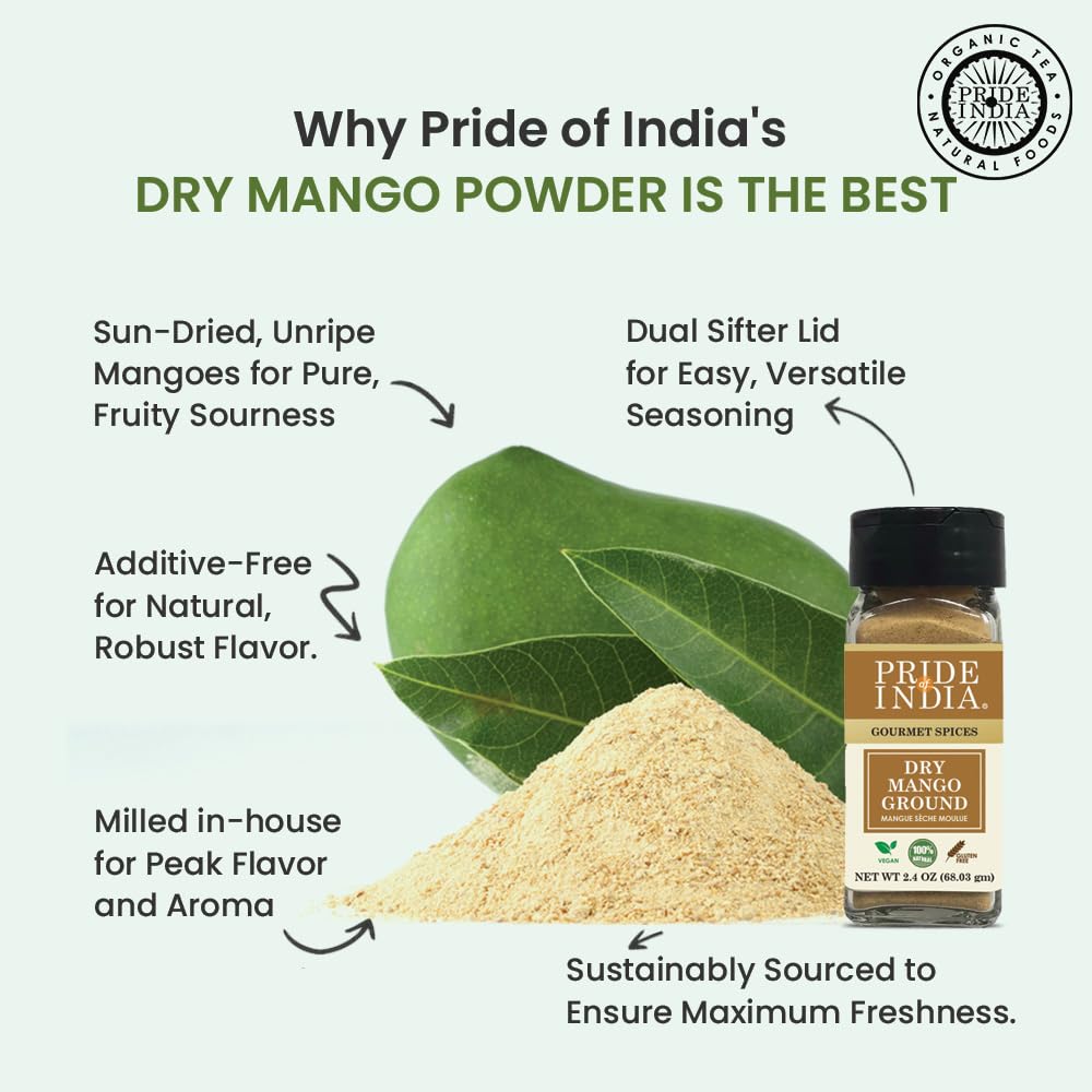 Pride of India | Dry Mango Powder 2.2 oz (62.36 gm) Small Dual Sifter Bottle | Amchur for Flavor and Taste | Gourmet Indian Spice | No Fillers or Artificial Colorants | Easy to Use