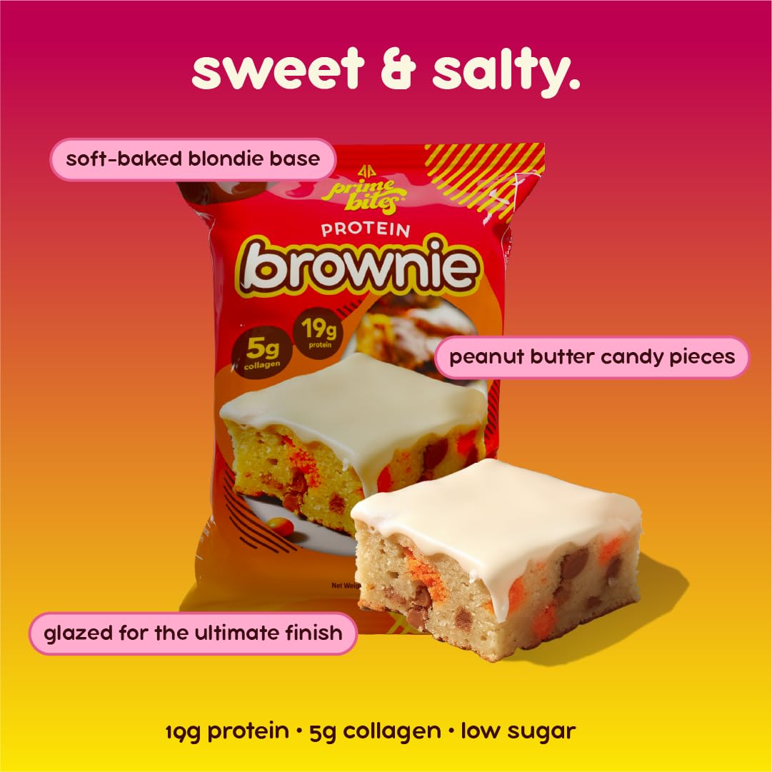 Prime Bites Protein Brownie from Alpha Prime Supplements | High Protein, Collagen Fortified Low Sugar Treat | Delicious Snack | 12 Bars per Box (Peanut Butter Candy Crunch)