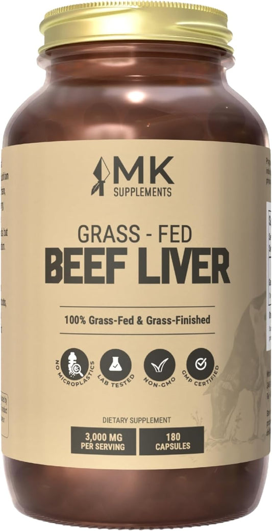 MK Supplements – Grass Fed Beef Liver 3000 mg, Freeze-Dried Beef Liver Capsules, 100% Pasture-Raised in New Zealand, 180 Liver Capsules, 45-Day Supply