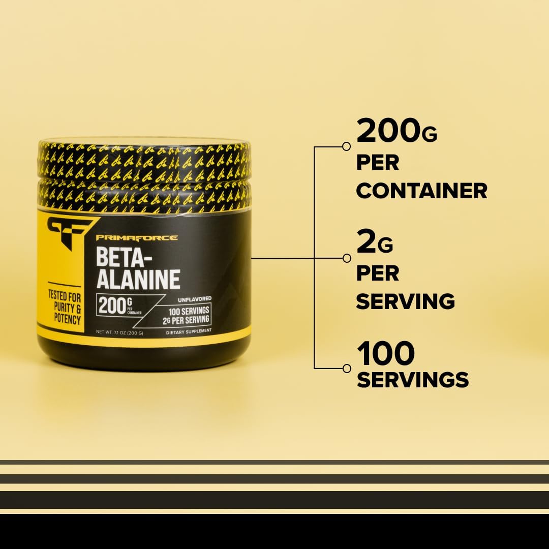 Primaforce Beta Alanine Powder, Unflavored, 200 Grams - Gluten Free, Non-GMO Supplement for Men and Women