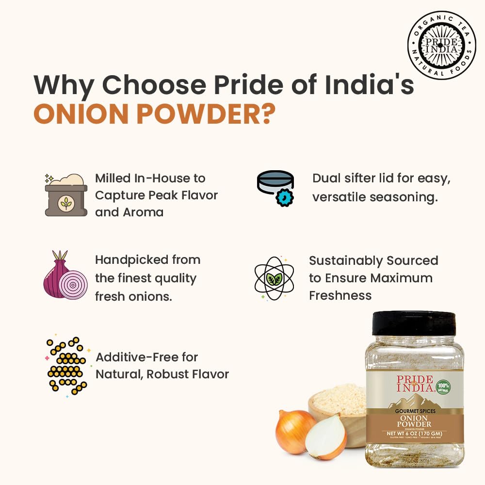 Pride of India - PACK of 6 - Onion Fine Ground 6 oz (170 gm) Medium Dual Sifter Jar | Gourmet Spice for Cooking | Pantry Essential | Adds Flavor to Sauces/Dips/Rubs/Marinades | Easy to Store