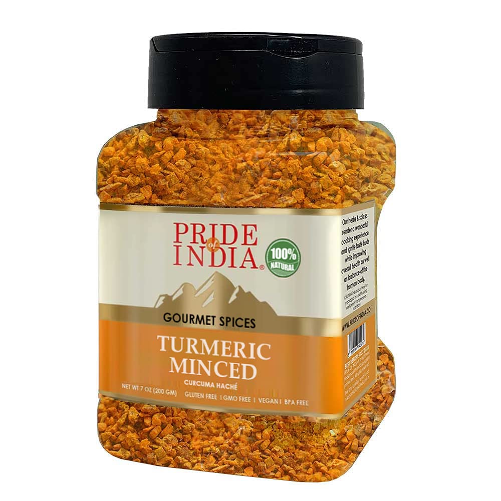 Pride of India – Turmeric Minced Whole – Gourmet Spice – Curcumin Rich Properties – No Additives Gluten – Easy to Use – 7 oz. Medium Dual Sifter Jar