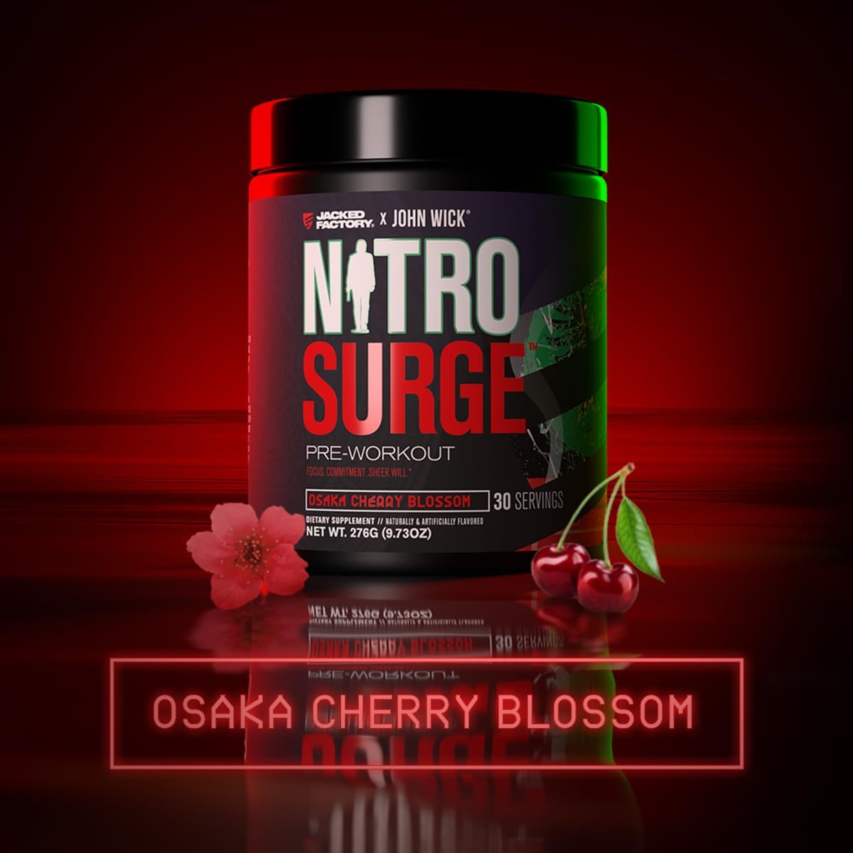 Jacked Factory X John Wick - Nitrosurge Wick Pre Workout Supplement - Intense Energy, Battle-Ready Focus, Unstoppable Commitment, and Sheer Will - 30 Servings, Osaka Cherry Blossom