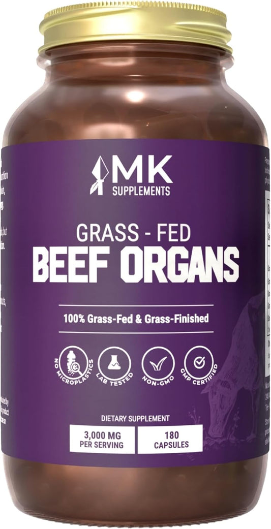MK Supplements – Grass-Fed Beef Organs 3000 mg, 180 Beef Organs Capsules, Multivitamin, 100% Pasture-Raised in New Zealand, 45-Day Supply, Liver, Heart, Kidney, Spleen, Pancreas