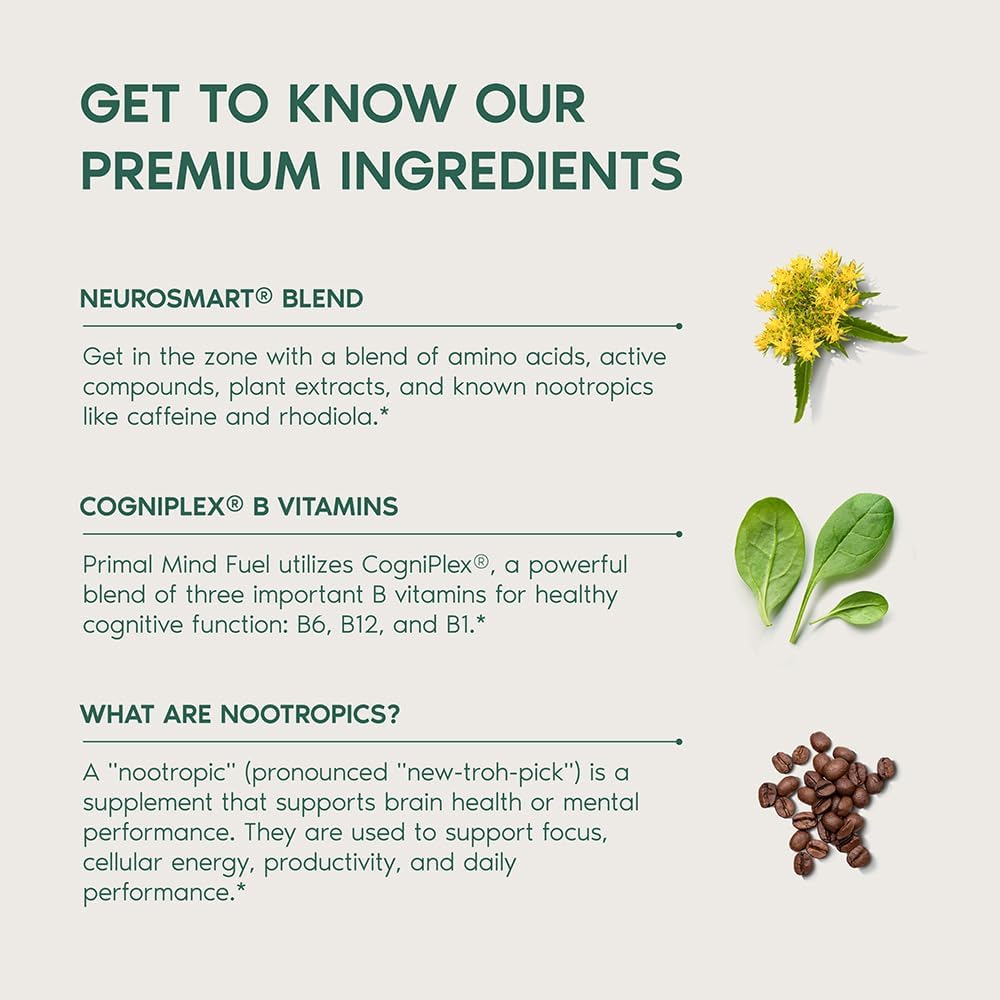 2 Pack, Primal Mind Fuel Brain Booster for Focus, Energy, Clarity, Memory Brain Health 30 Capsules Nootropics Brain Support Supplement for Men and Women