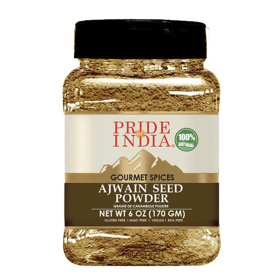 Pride of India – Ajwain Seed Powder – Gourmet Indian Spice – Made from Fresh Carom Seeds – Rich in Nutrients – Aromatic & Flavorful – Easy to Use - 8oz. Medium Dual Sifter Jar