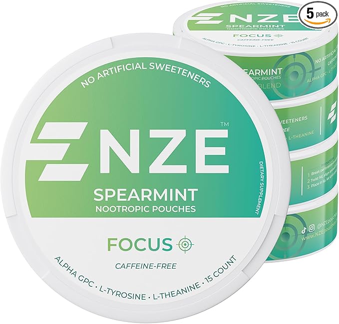 NZE Caffeine Free Nootropic Pouches (Spearmint) - Nootropic Pouches with Alpha GPC, L-Tyrosine & L-Theanine - No Sugar or Artificial Sweeteners - 15 Nicotine Free Pouches Per Can - 5 Pack