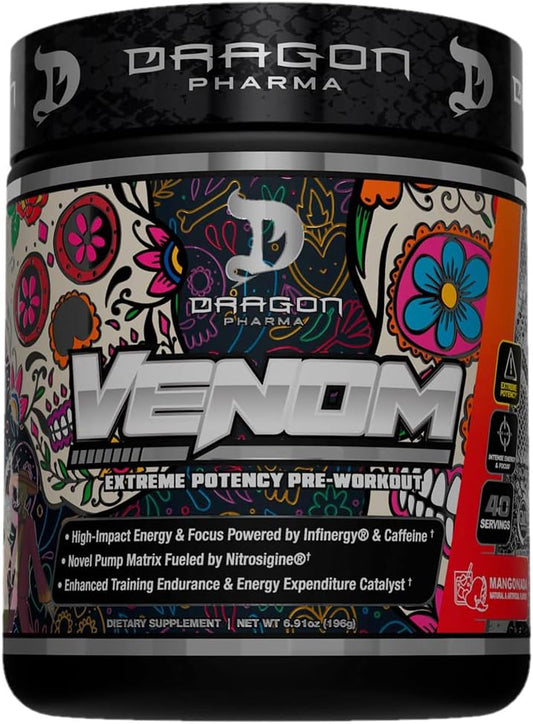 DRAGON PHARMA Venom Extreme Potency Pre-Workout, Laser Sharp Focus + Energy, Intense Performance, Proven Ingredients for Enhanced Vasodilation & Endurance (40 Servings, Mangonada)